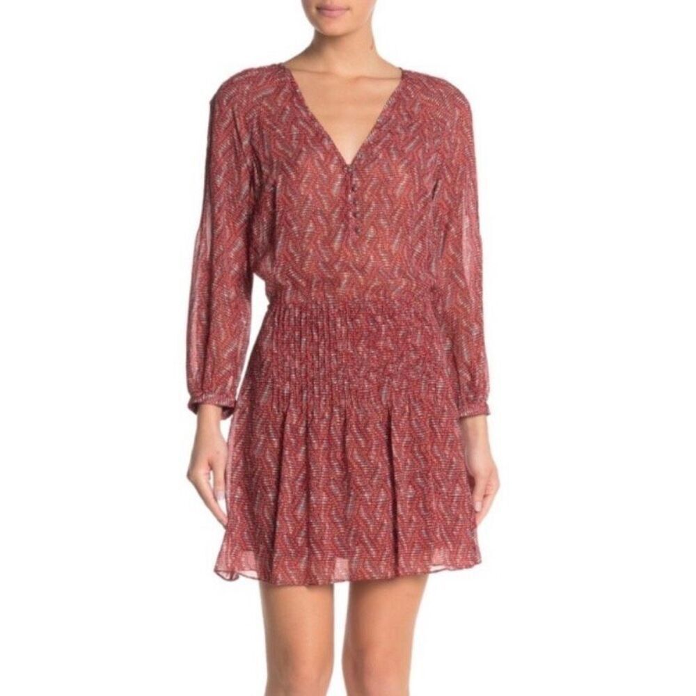 Veronica Beard Priya Red Silk Smocked Mini Dress Abstract Boho Wedding Guest 4